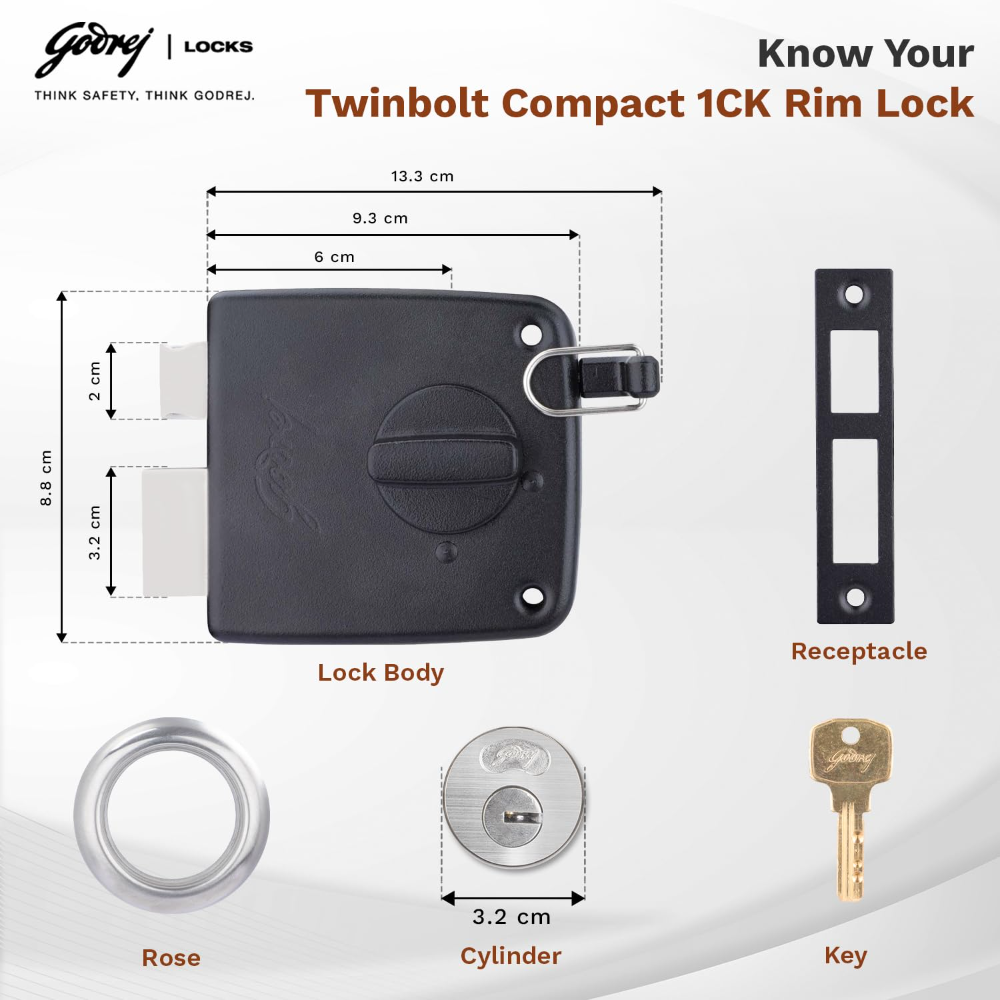 Godrej Rim Lock I Twin Bolt Compact 1Ck Latch Bolt I for Outside Opening Wooden Doors I Left or Right Handed Doors | Home Main Door | 3 Keys I Textured Black Finish |1 Year Warranty